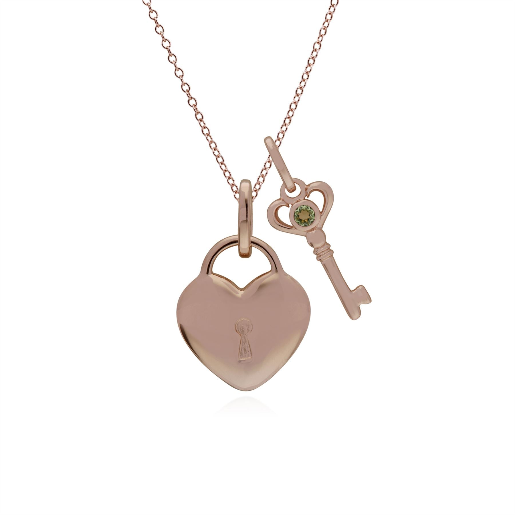 Ciondolo classico con lucchetto a cuore in argento 925 placcato oro rosa e ciondoli con chiave peridoto