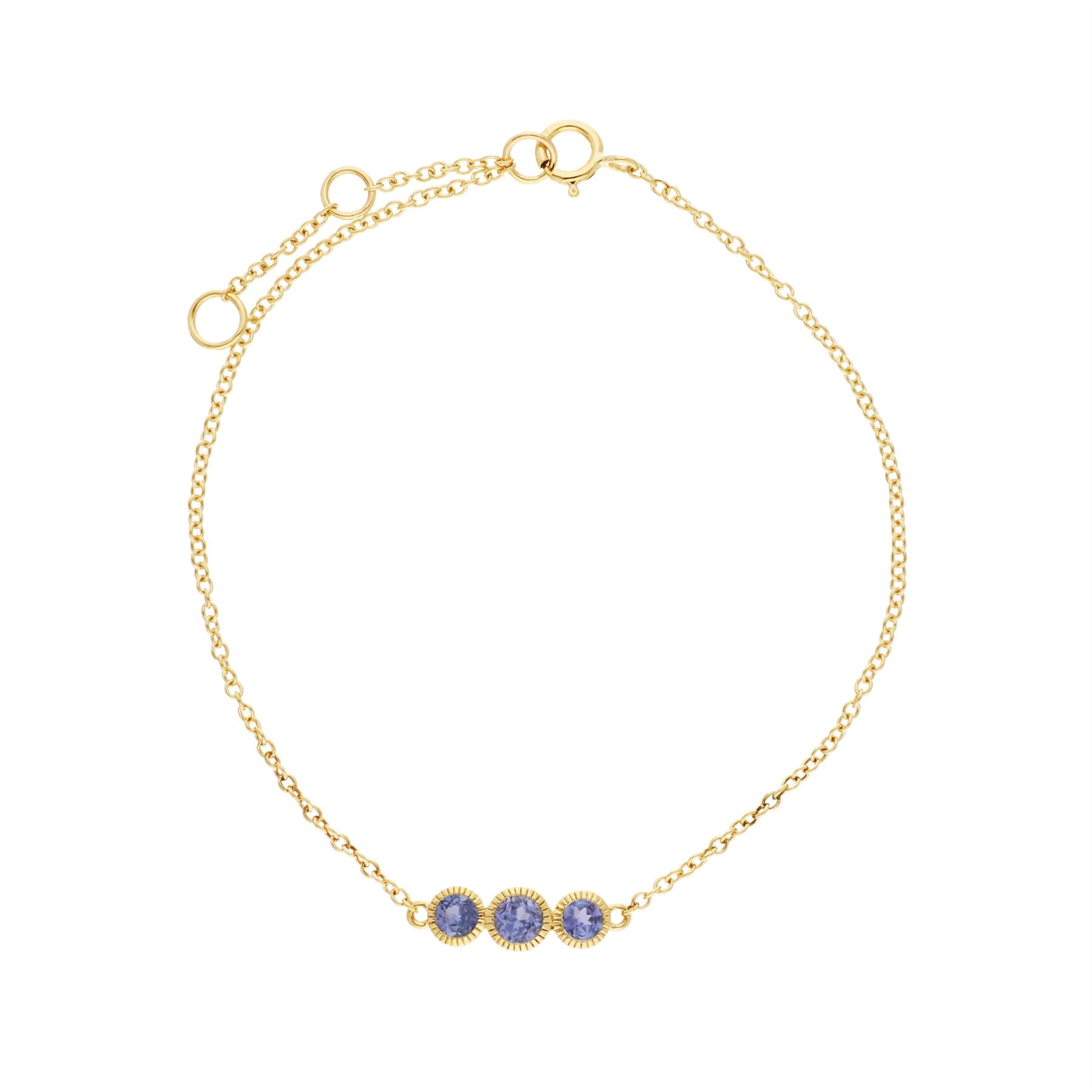 Bracciale con tanzanite, in oro giallo da 9 ct con tripla pietra tonda Milgrain da 19 cm