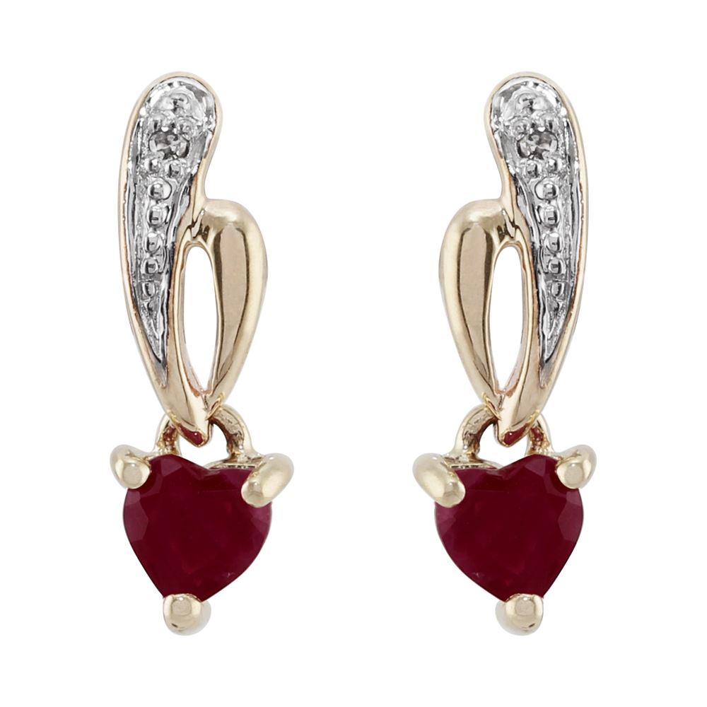 Orecchini pendenti con cuore di rubino e diamanti in oro giallo 375 in stile Art Nouveau