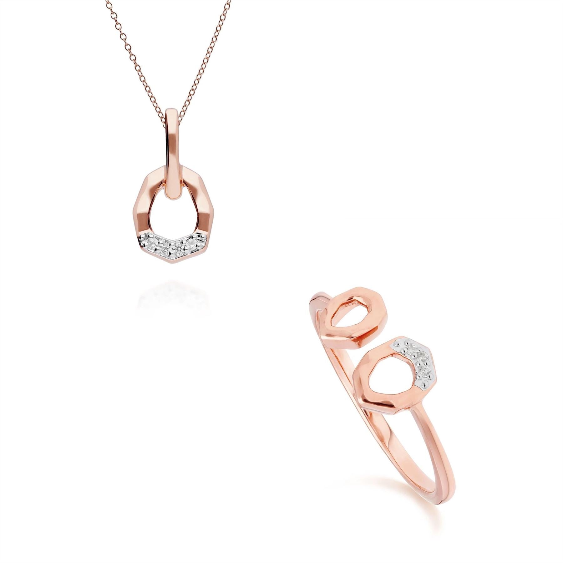 Anello e pendente asimmetrici in oro rosa 375 con pavé di diamanti