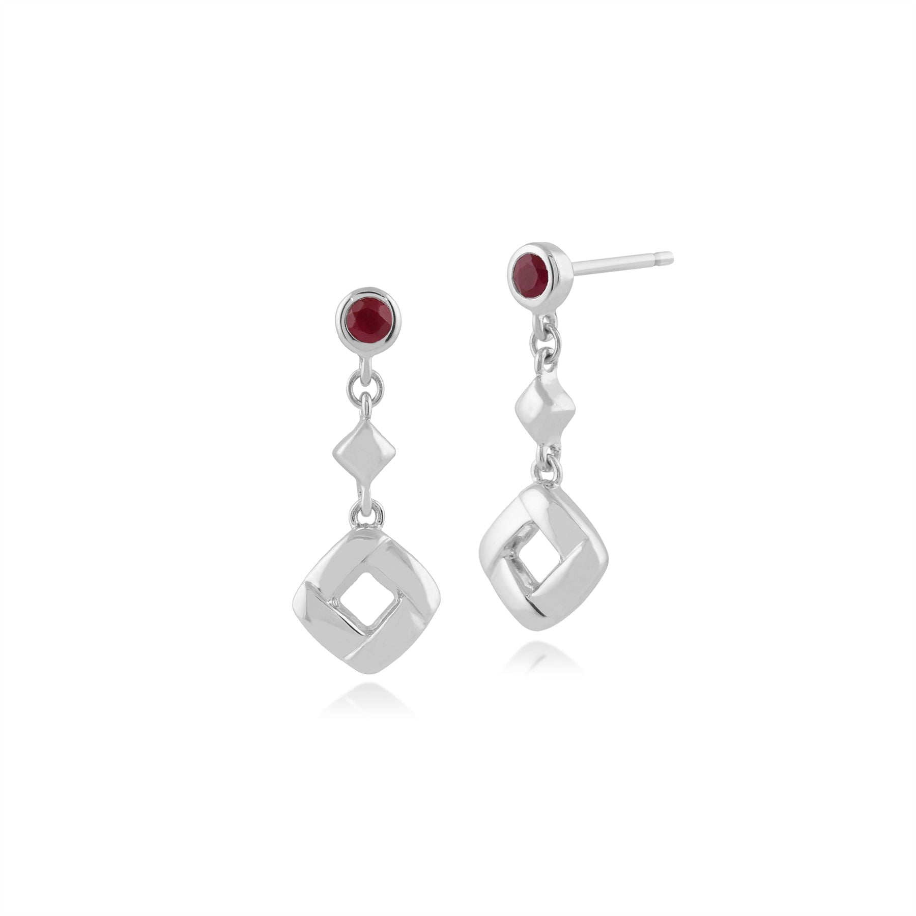 Orecchini quadrati pendenti con croce classica in argento 925 con rubini