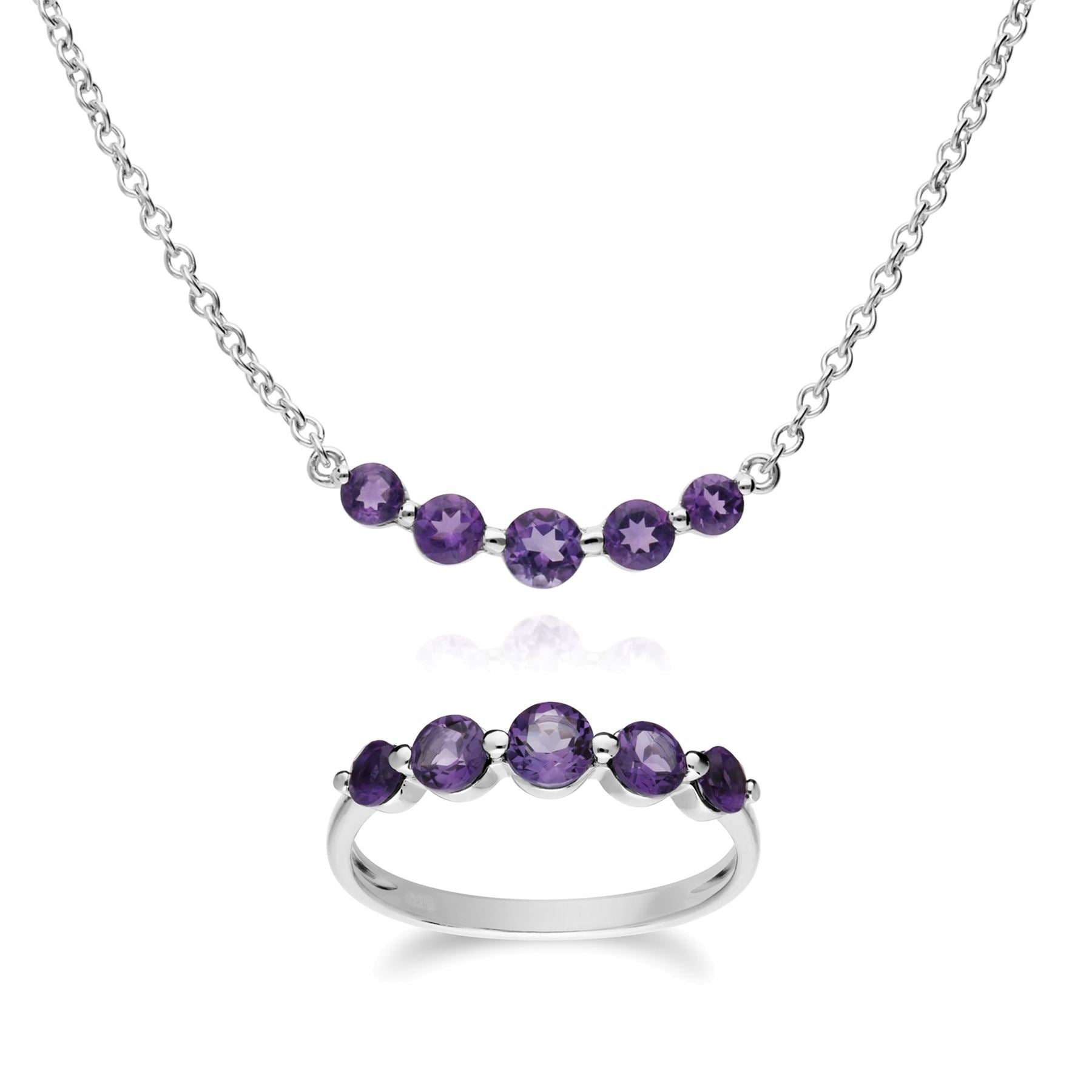 Collana e anello classici con cinque pietre di ametista in argento 925