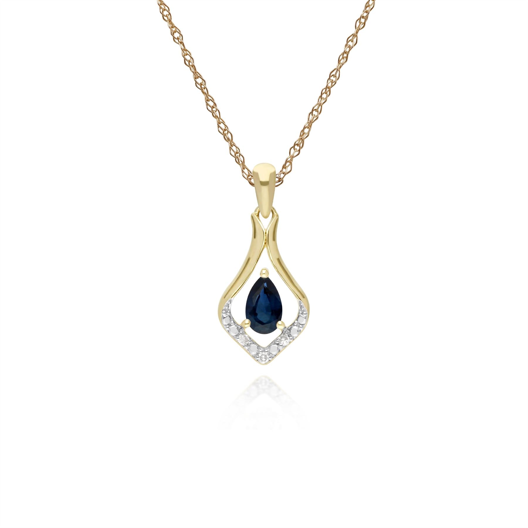 Collana con zaffiri, pendente classico a foglia in oro giallo da 9 ct con zaffiro e diamanti su catena da 45 cm