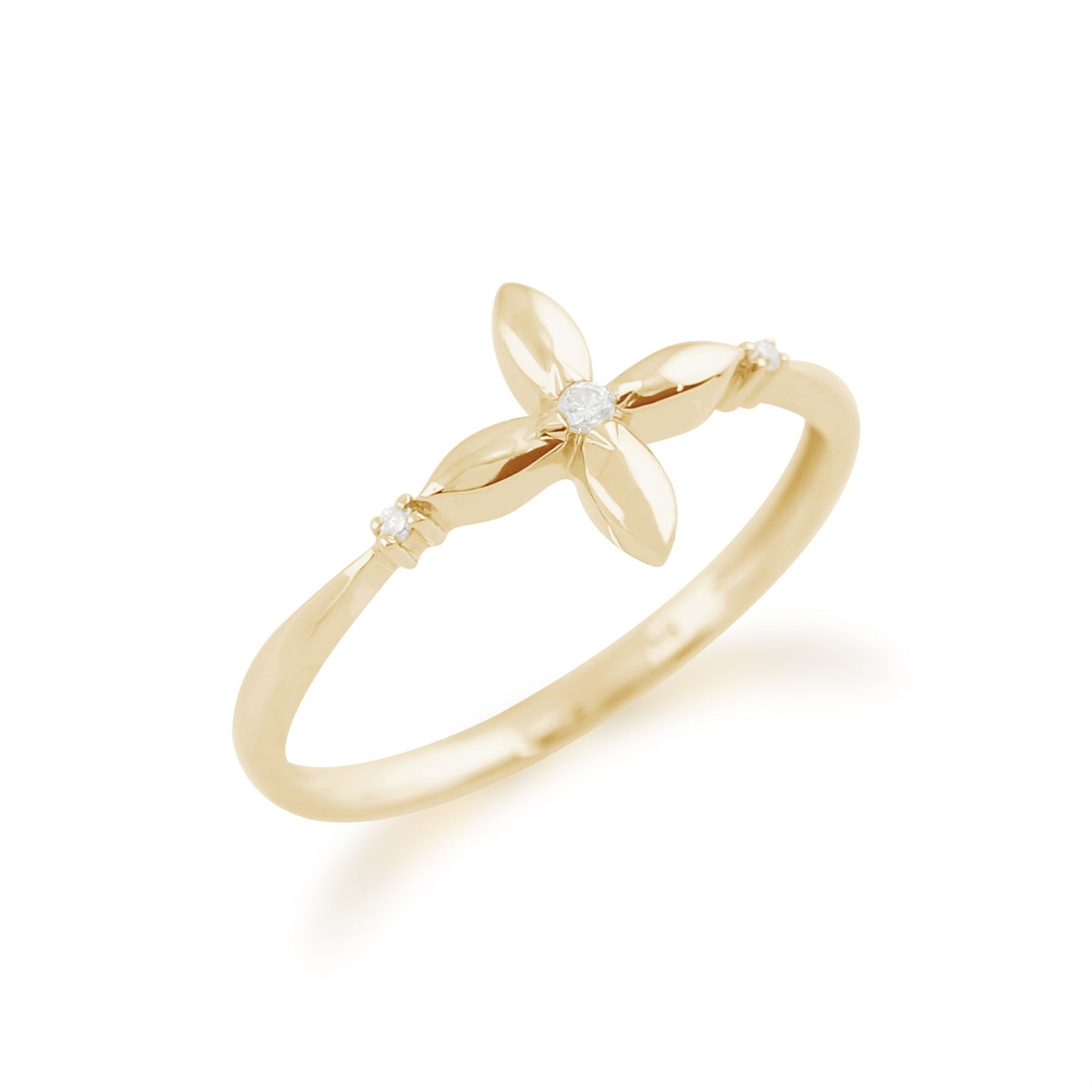 Anello gemondo con diamanti, anello floreale IXORA in oro giallo da 9 ct con diamanti da 0,02 ct