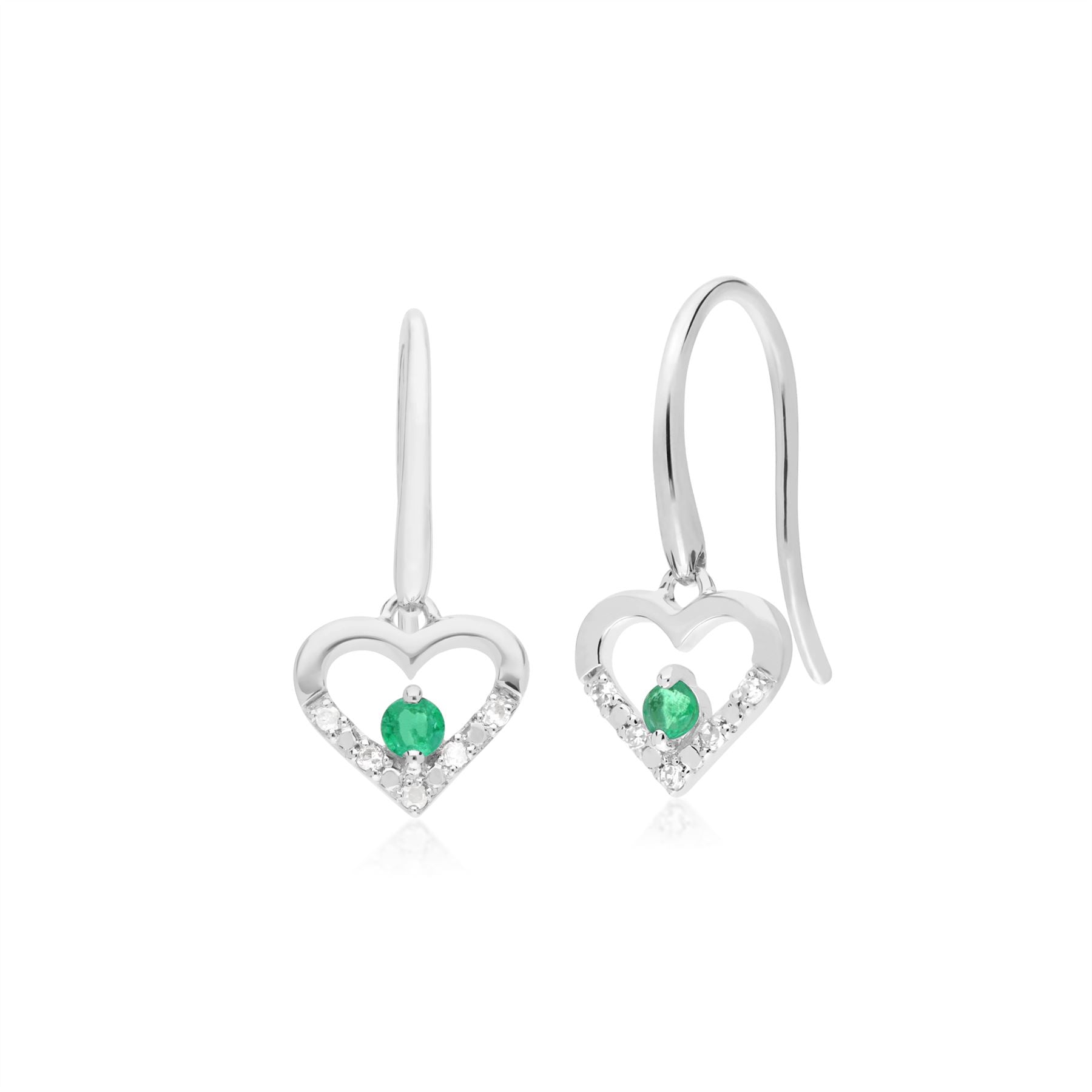 Orecchini a cuore aperto con smeraldi e diamanti unici in oro bianco da 9 ct