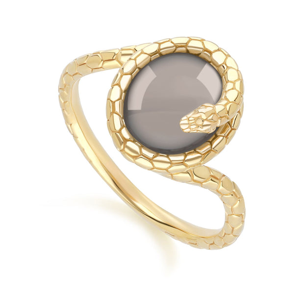 Anello a forma di serpente arrotolato in pietra di luna nera ECFEW™ in argento sterling placcato oro