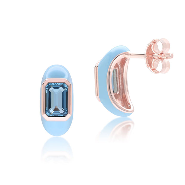Boucles d'Oreilles Demi-Créoles Siberian Waltz En Émail Bleu Et Turquoise Octogonale En Or Vermeil Rose