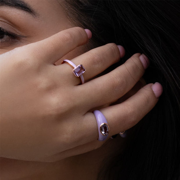 Bague Siberian Waltz En Émail Violet Et Améthyste Octogonale En Or Vermeil Rose