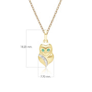 Ciondolo Gufo Gardenia in oro giallo da 9 ct con smeraldo e zaffiro bianco