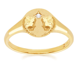 Zodiac Anello con sigillo Gemelli di perle d'acqua dolce in oro giallo da 9 carati