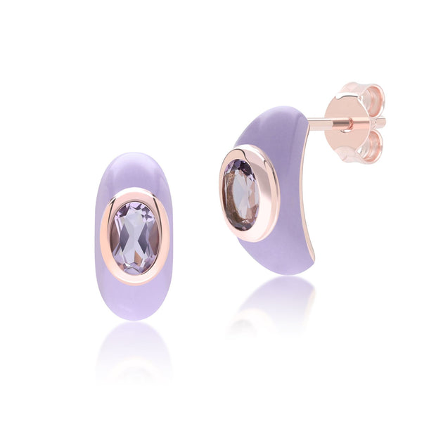 Boucles d'Oreilles Demi-Créoles Siberian Waltz En Émail Violet Et Améthyste Octogonale En Or Vermeil Rose