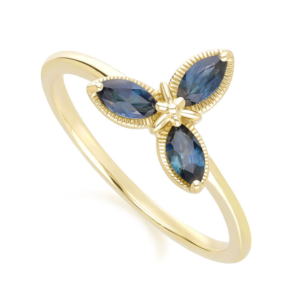 Anello floreale con zaffiro marchesa in oro giallo da 9 ct