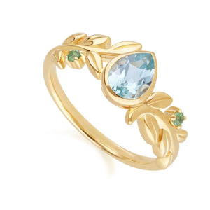 O Leaf Anello con topazio azzurro e tsavorite in oro giallo da 9 carati