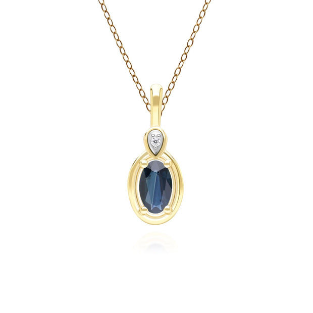 Collier Pendentif Classique en Or Jaune 9ct avec Saphir Oval et Diamants Ronds
