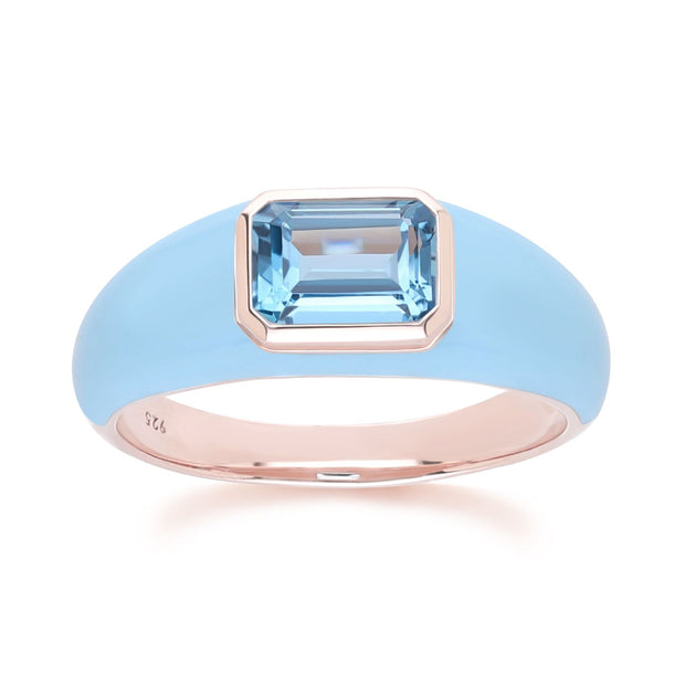 Bague Siberian Waltz En Émail Bleu Et Topaze Bleu Ciel Octogonale En Or Vermeil Rose