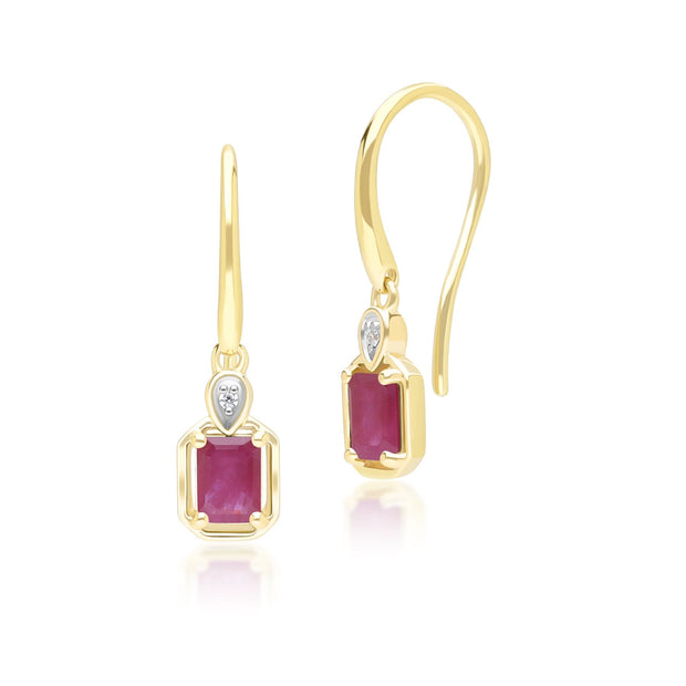 Boucles d'Oreilles Pendantes Classique en Or Jaune 9ct avec Rubis Baguette et Diamants