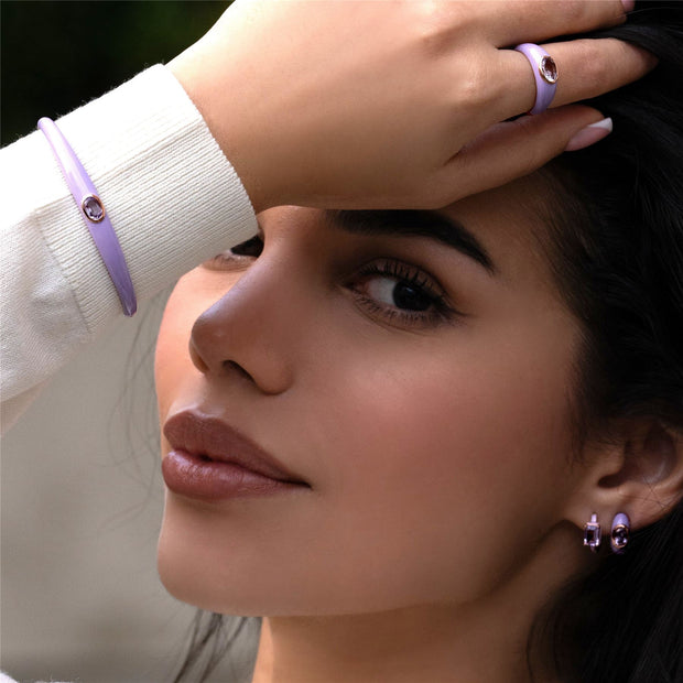 Boucles d'Oreilles Demi-Créoles Siberian Waltz En Émail Violet Et Améthyste Octogonale En Or Vermeil Rose