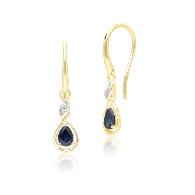 Boucles d'Oreilles Pendantes Classique en Or Jaune 9ct avec Saphir Poire et Diamants