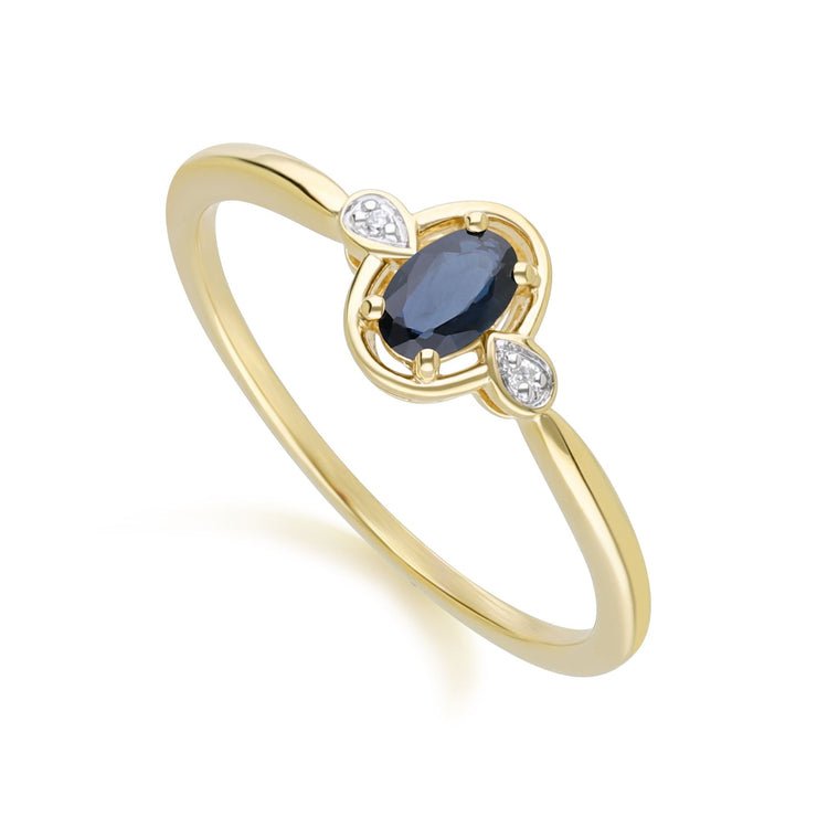 Bague Classique en Or Jaune 9ct avec Saphir Oval et Diamants Ronds