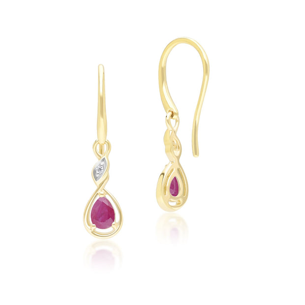 Boucles d'Oreilles Pendantes Classique en Or Jaune 9ct avec Rubis Oval et Diamants