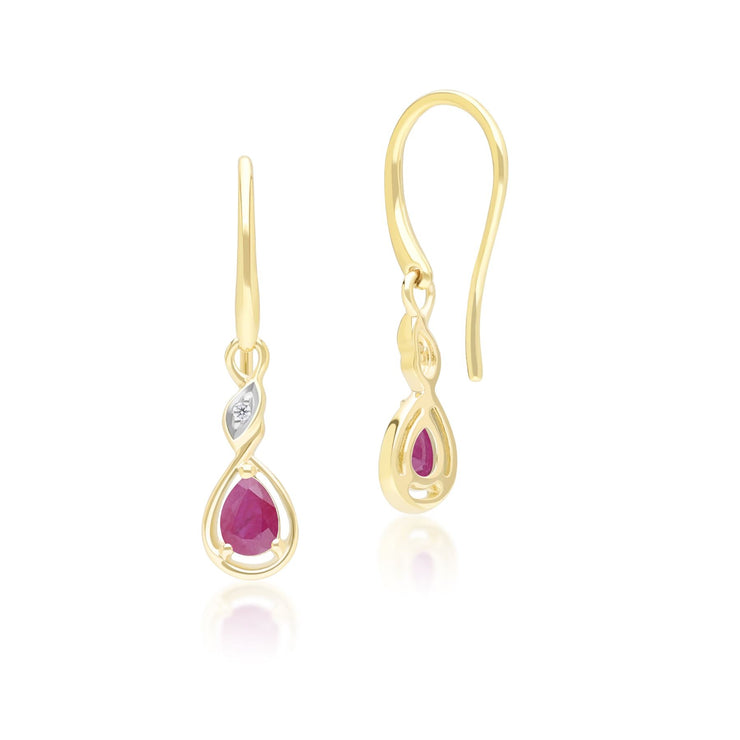 Boucles d'Oreilles Pendantes Classique en Or Jaune 9ct avec Rubis Oval et Diamants