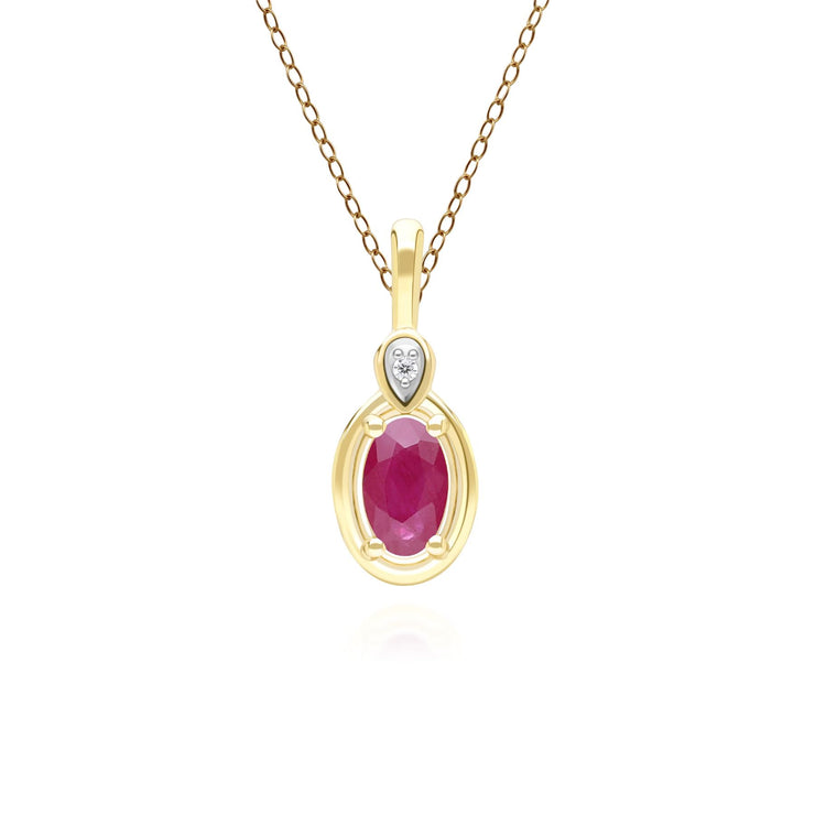 Collier Pendentif Classique en Or Jaune 9ct avec Rubis Oval et Diamants Ronds