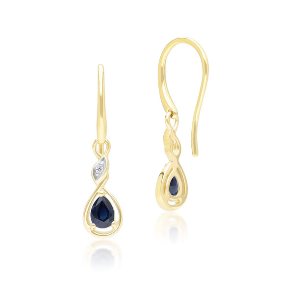 Boucles d'Oreilles Pendantes Classique en Or Jaune 9ct avec Saphir Poire et Diamants