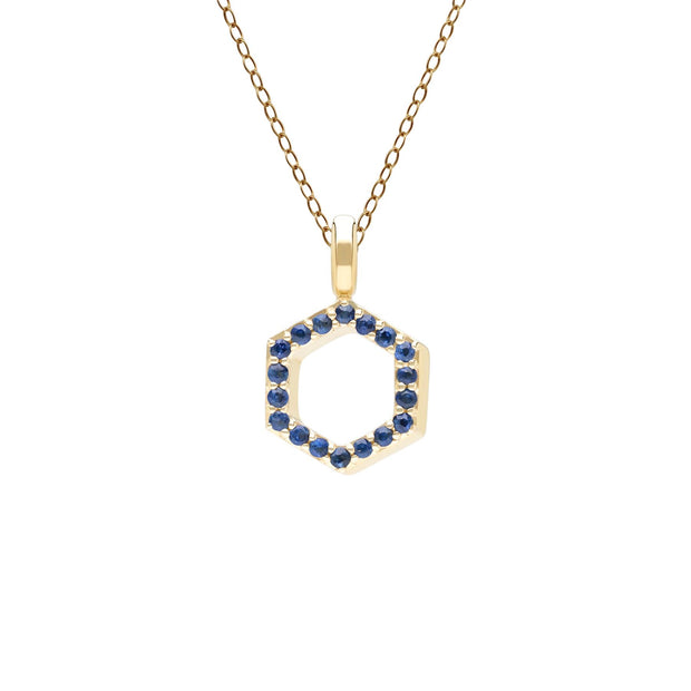 Ciondolo esagonale geometrico in oro giallo da 9 ct con zaffiro