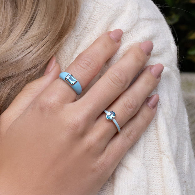 Bague Siberian Waltz En Émail Bleu Et Topaze Bleu Ovale En Or Vermeil Rose