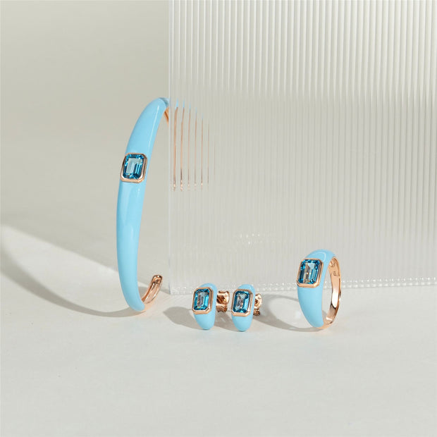 Boucles d'Oreilles Demi-Créoles Siberian Waltz En Émail Bleu Et Turquoise Octogonale En Or Vermeil Rose