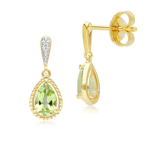Classici orecchini pendenti in oro giallo 9 carati con peridoto e diamanti