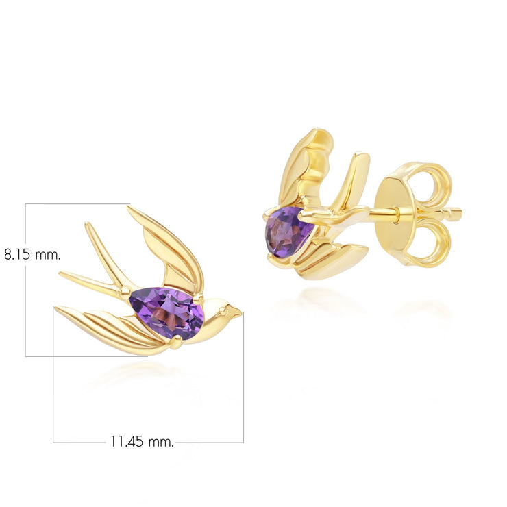 Orecchini a lobo ECFEW™ Creator Colibrì in argento 925 placcato oro fino con ametista