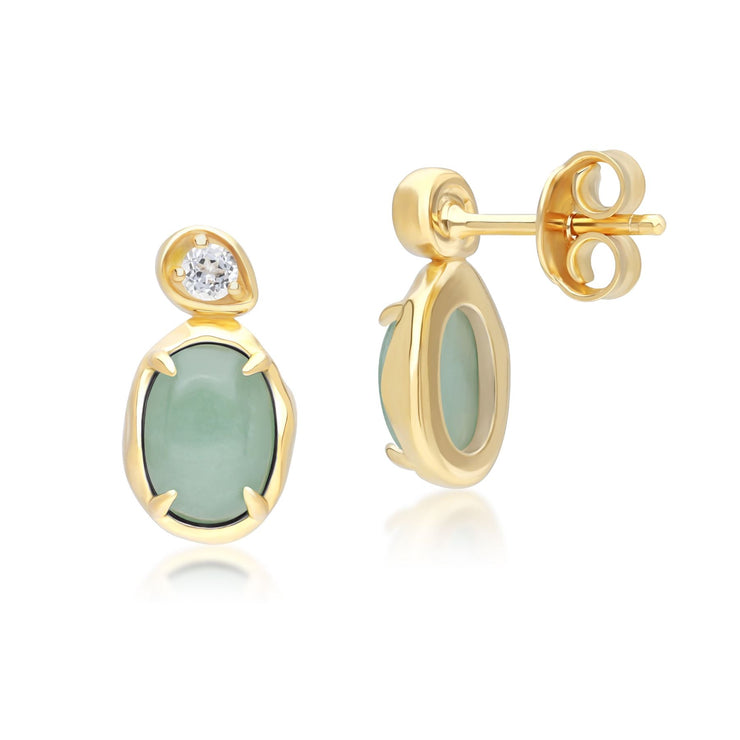Orecchini pendenti irregolari in argento sterling placcato oro fino con giada verde sfumata ovale e topazio