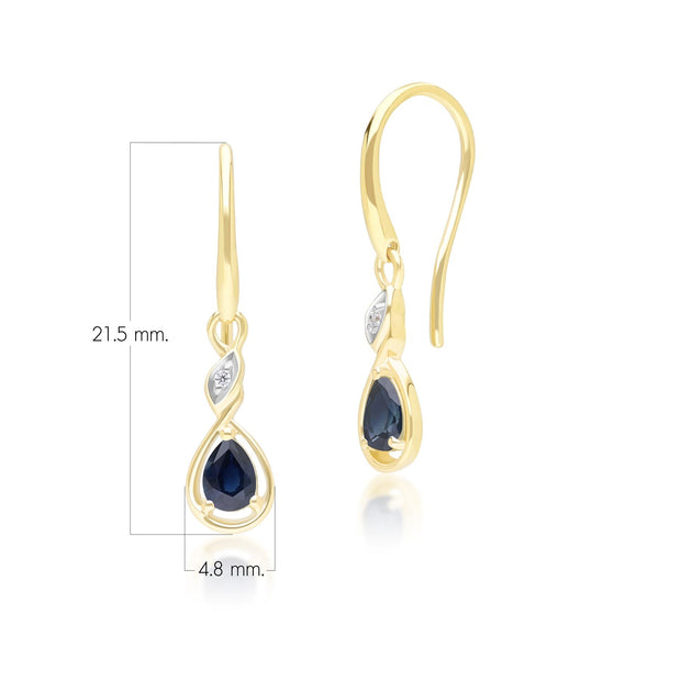 Boucles d'Oreilles Pendantes Classique en Or Jaune 9ct avec Saphir Poire et Diamants