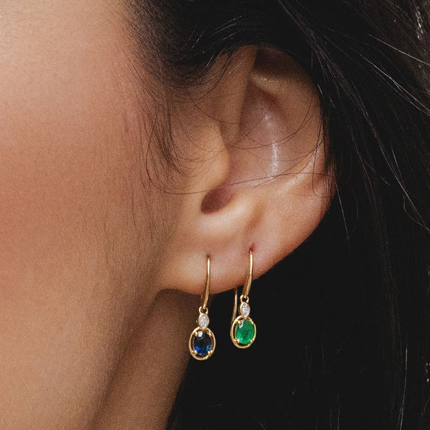 Boucles d'Oreilles Pendantes Classique en Or Jaune 9ct avec Emeraude Ovale et Diamants Ronds