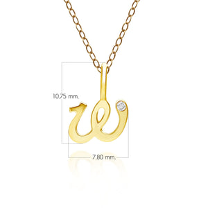 Ciondolo collana diamanti con lettera W dell'alfabeto in oro giallo da 9 carati