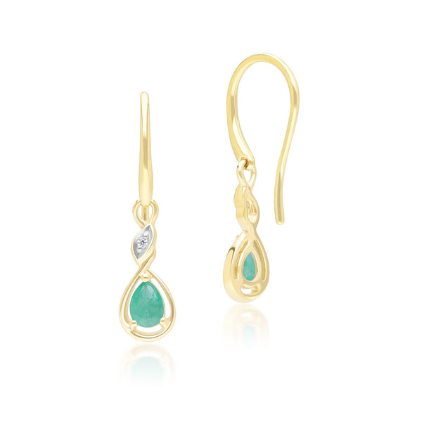 Boucles d'Oreilles Pendantes Classique en Or Jaune 9ct avec Emeraude Ovale et Diamants Ronds
