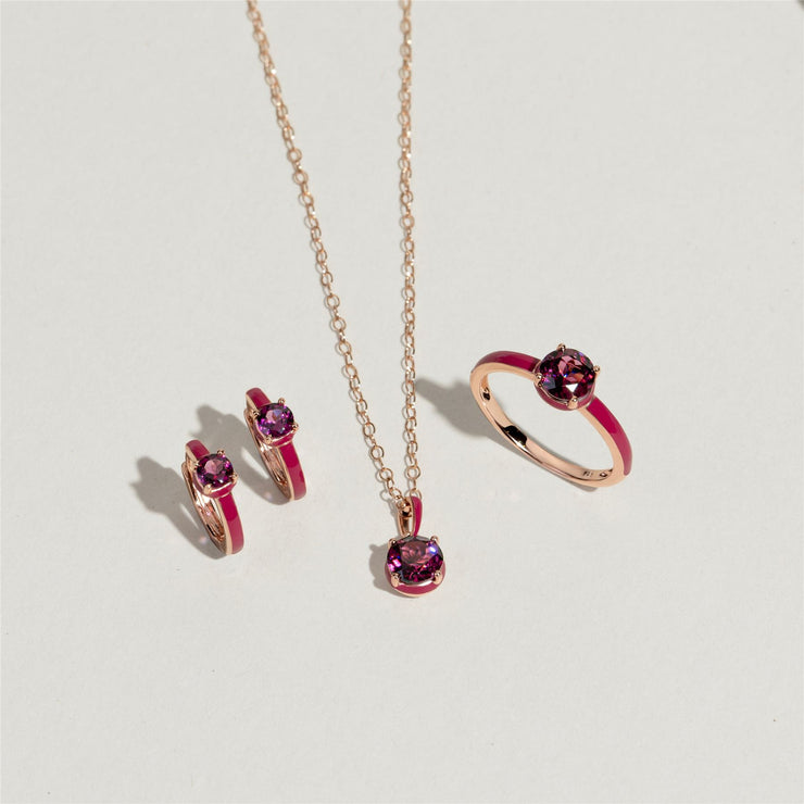 Boucles d'Oreilles Créoles Siberian Waltz En Email Rose et Rhodolite Ronde En Or Vermeil Rose