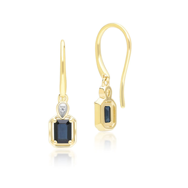 Boucles d'Oreilles Pendantes Classique en Or Jaune 9ct avec Saphir Baguette et Diamants