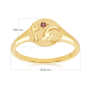 Zodiac Anello zodiacale con sigillo Capricorno con granato  in oro giallo 9 carati