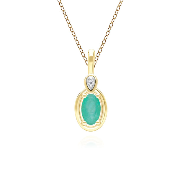 Collier Pendentif Classique en Or Jaune 9ct avec Emeraude Ovale et Diamants Ronds