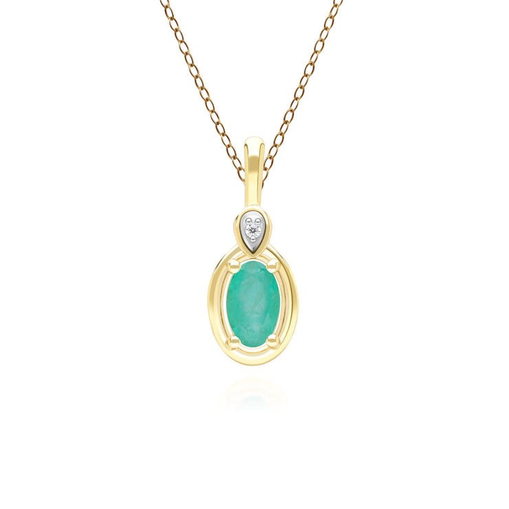 Collier Pendentif Classique en Or Jaune 9ct avec Emeraude Ovale et Diamants Ronds