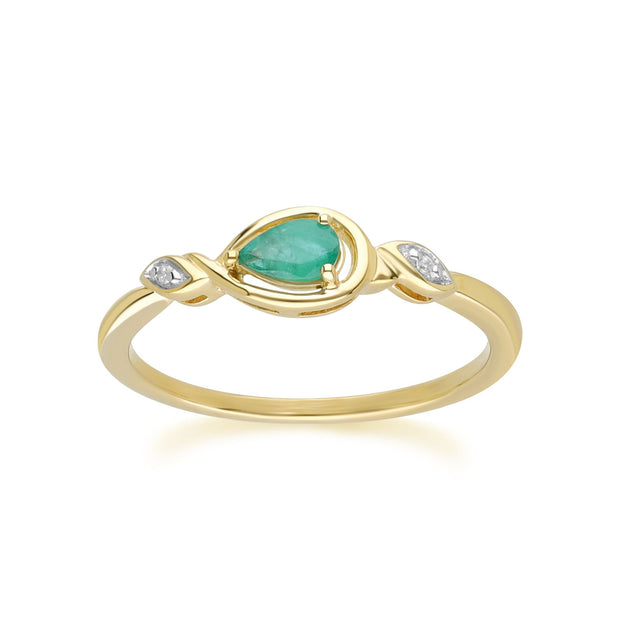 Bague Classique en Or Jaune 9ct avec Emeraude Poire et Diamants