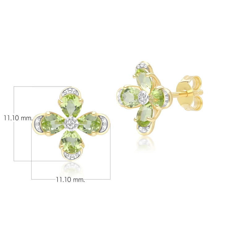 Orecchini a lobo floreali con peridoto e diamanti in oro giallo da 9 ct
