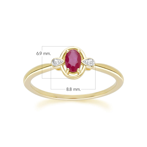 Bague Classique en Or Jaune 9ct avec Rubis Ovale et Diamants Ronds