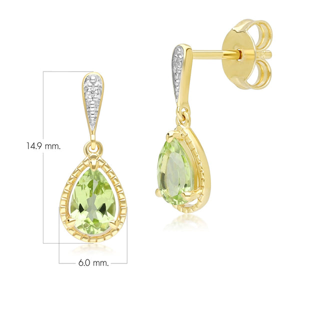 Classici orecchini pendenti in oro giallo 9 carati con peridoto e diamanti