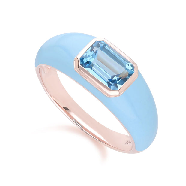 Bague Siberian Waltz En Émail Bleu Et Topaze Bleu Ciel Octogonale En Or Vermeil Rose
