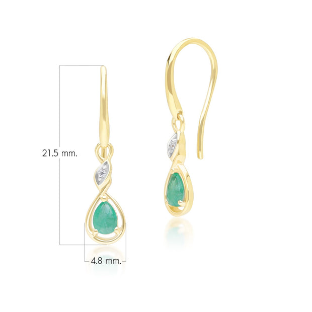 Boucles d'Oreilles Pendantes Classique en Or Jaune 9ct avec Emeraude Ovale et Diamants Ronds