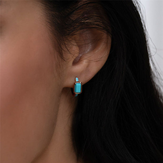 Boucles d'Oreilles Créoles Siberian Waltz En Émail Bleu Et Turquoise Octogonale En Or Vermeil Rose