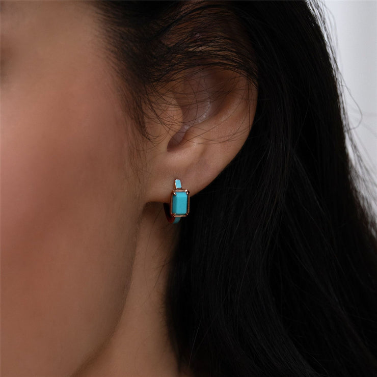 Boucles d'Oreilles Créoles Siberian Waltz En Émail Bleu Et Turquoise Octogonale En Or Vermeil Rose